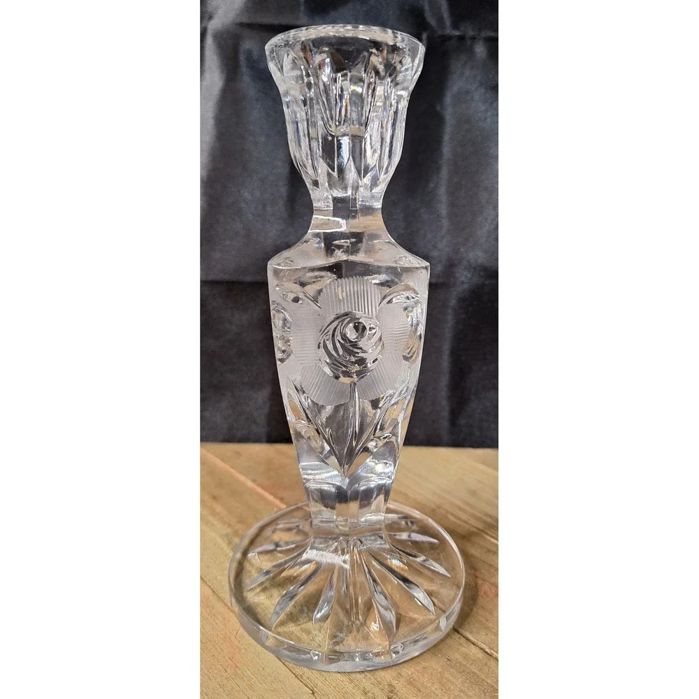 Vintage Etched Crystal Rose Candlestick Holder Faceted Glass Starburst Base 7.5